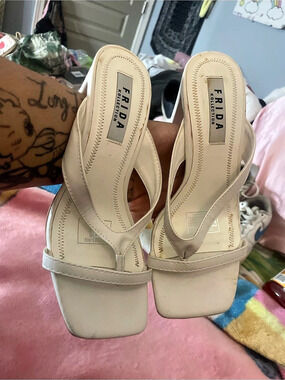 FRIDA Square Toe Strappy Heels in Beige